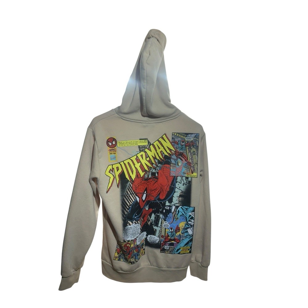 Marvel Spider-Man Comic Graphic Hoodie Tan Vintage 90s Style Sweatshirt Mens S
